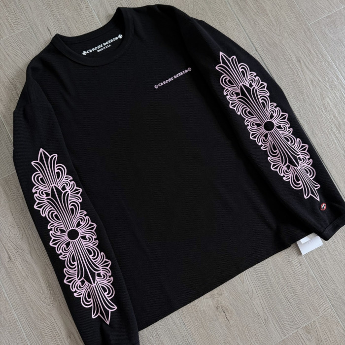 1:1 quality version Chest Scroll Dual Sleeve Pink Floral Print Waffle Knit Loose Fit Long Sleeve Tee 29426238
