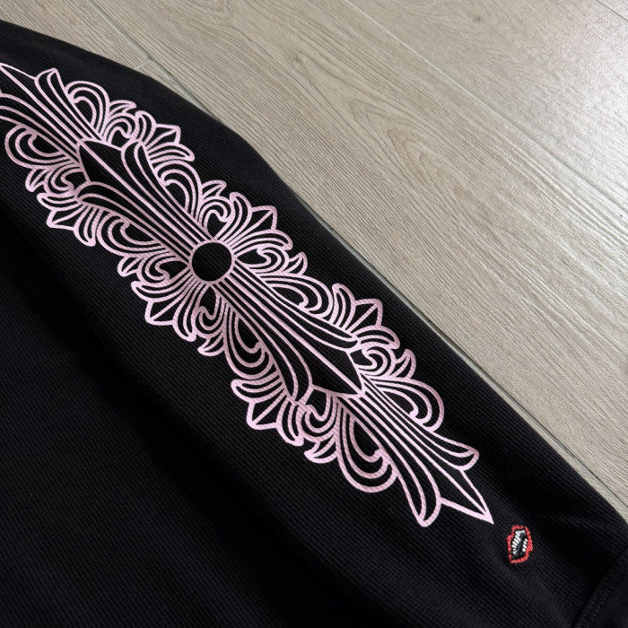 1:1 quality version Chest Scroll Dual Sleeve Pink Floral Print Waffle Knit Loose Fit Long Sleeve Tee 29426238