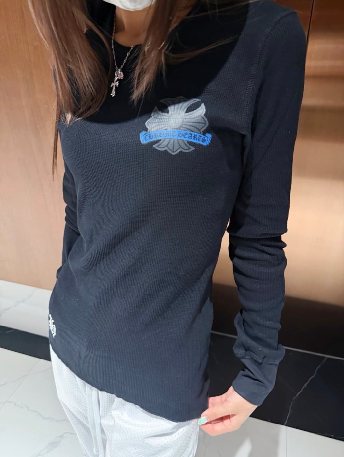 1:1 quality version Blue Horseshoe‑Ring Cross‑Flower‑Print Waffle‑Knit Fitted Long Sleeve Tee 29426214