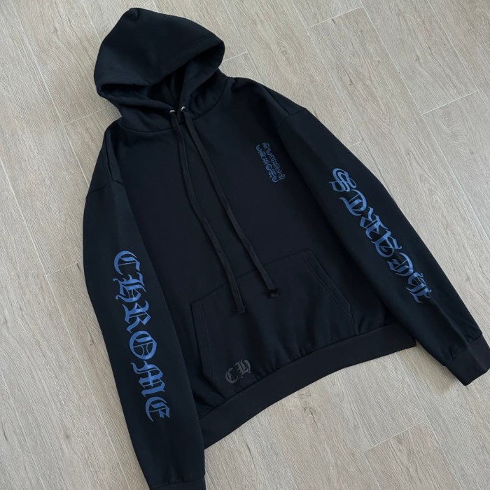 1:1 quality version Dual Sleeve Blue Gothic Script Letter Print Drawstring Pullover Unisex Hoodie 29456617