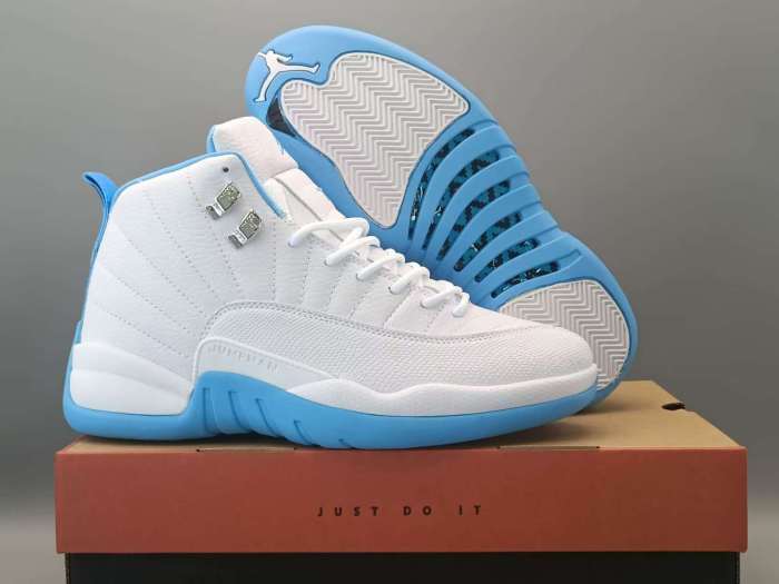 [plus-size shoes] Air @j12 White University Blue Grain Leather High Top Air Cushion Retro Basketball Sneakers 29461433