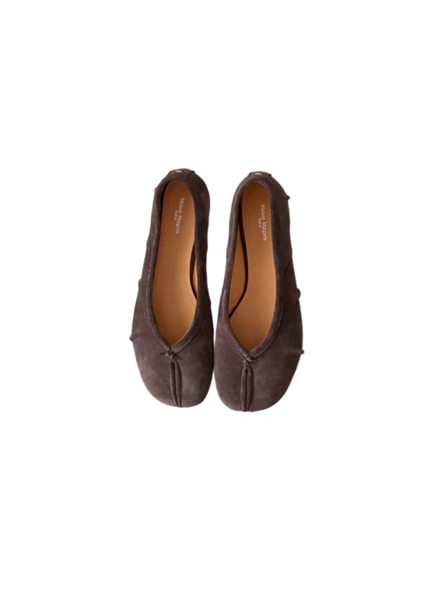 1:1 quality version Tabi Dark Brown Suede Split Toe V Neck Bow Ballet Flats Shoes 29463535