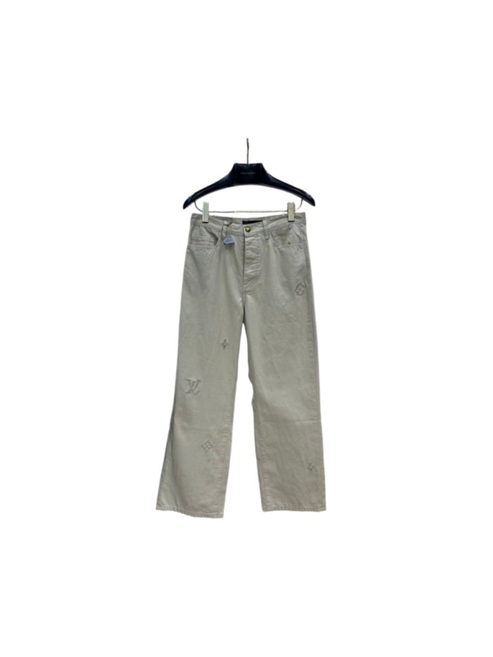 1:1 quality version Washed Khaki Subtle Monogram Tone On Tone Embroidery Straight Wide Leg Jeans 29465315