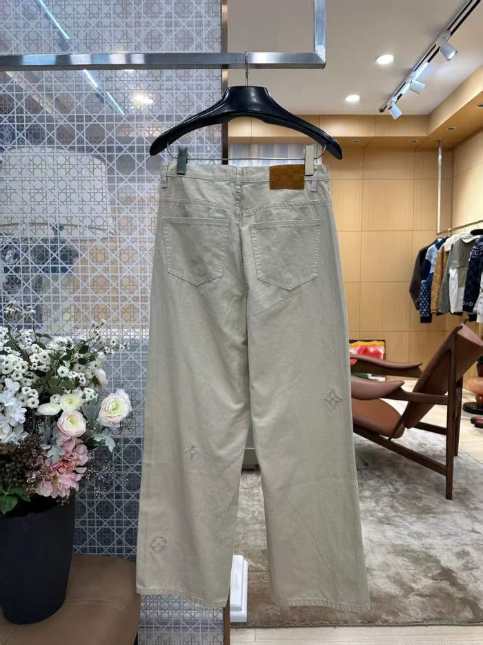 1:1 quality version Washed Khaki Subtle Monogram Tone On Tone Embroidery Straight Wide Leg Jeans 29465315