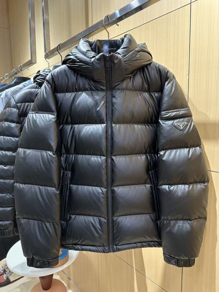 1:1 quality version Shiny Sleeve Triangle Logo Hooded Quilted Zip-Up Down Jacket 29481604