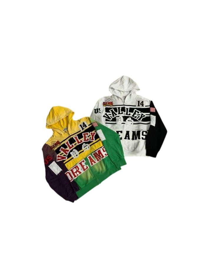Washed Colorblock Patch Letter Number Flag Zip Up Hoodie 2 colors 29489112