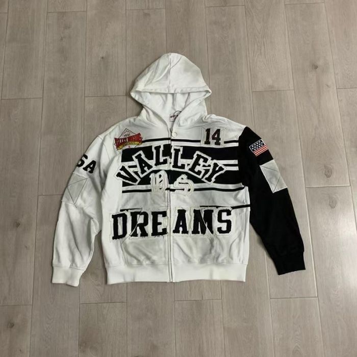 Washed Colorblock Patch Letter Number Flag Zip Up Hoodie 2 colors 29489112