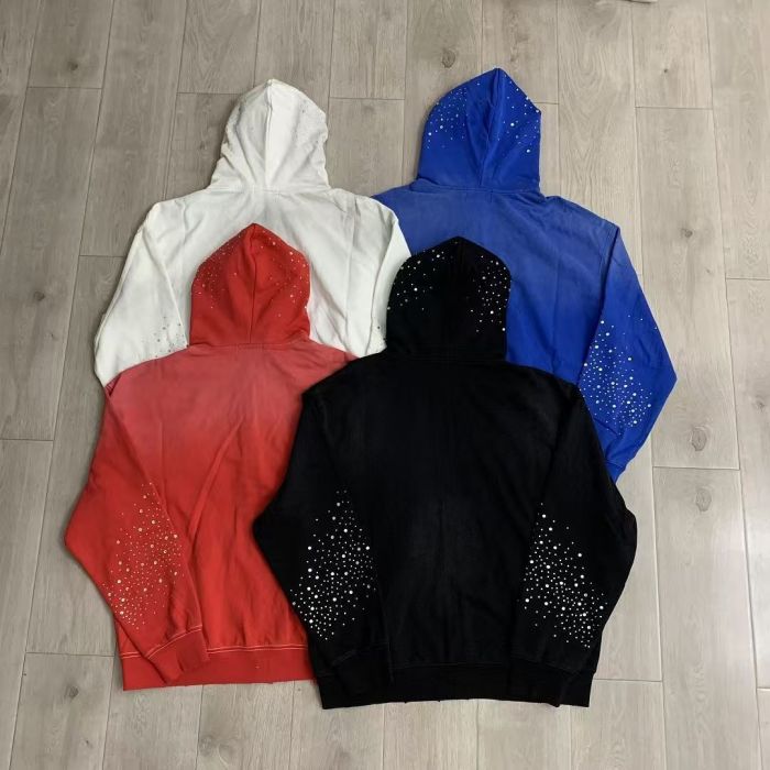 Vintage Wash Frayed Patch Letter Rhinestone Zip Up Hoodie 4 colors 29489070
