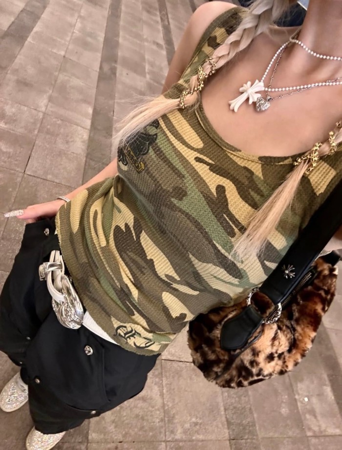 1:1 quality version Green Yellow Camo Waffle Knit Cross Embroidery CH Logo Fitted Tank Top for girls 29501865
