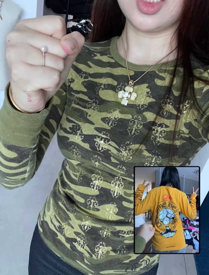 1:1 quality version Camo Waffle Knit Cross Embroidery CH Logo Fitted Long Sleeve Tee for girls 29501856