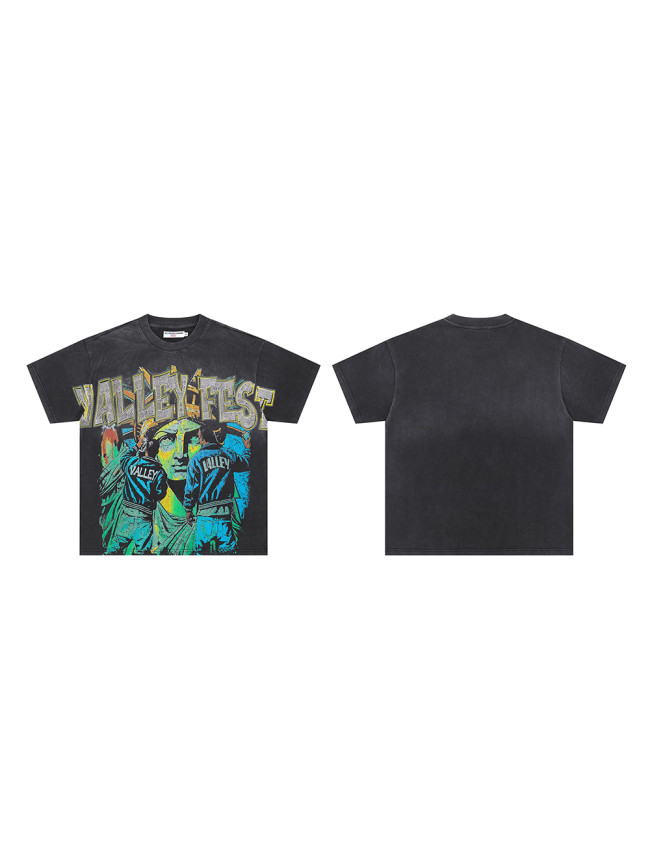 [50% Off]Vale Forever Rhinestone Letter Graffiti Character Print Washed Version Tee 28519005