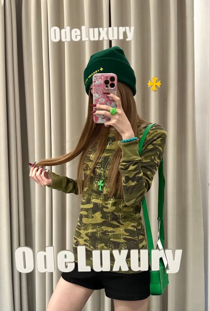 1:1 quality version Camo Waffle Knit Cross Embroidery CH Logo Fitted Long Sleeve Tee for girls 29501856