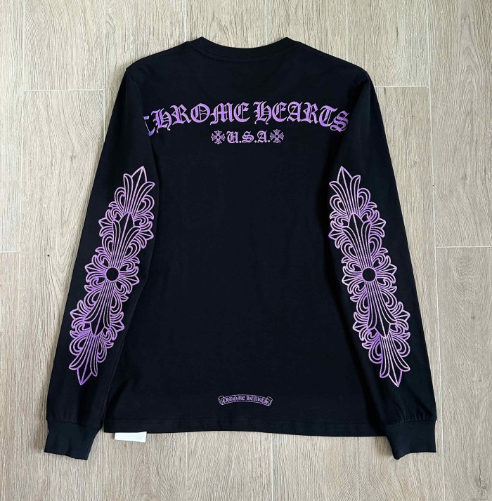 1:1 quality version Purple Glitter Horseshoe Logo Sleeve Floral Cross Crewneck Long Sleeve Tee 29501899