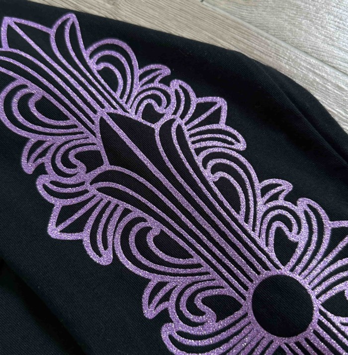 1:1 quality version Purple Glitter Horseshoe Logo Sleeve Floral Cross Crewneck Long Sleeve Tee 29501899