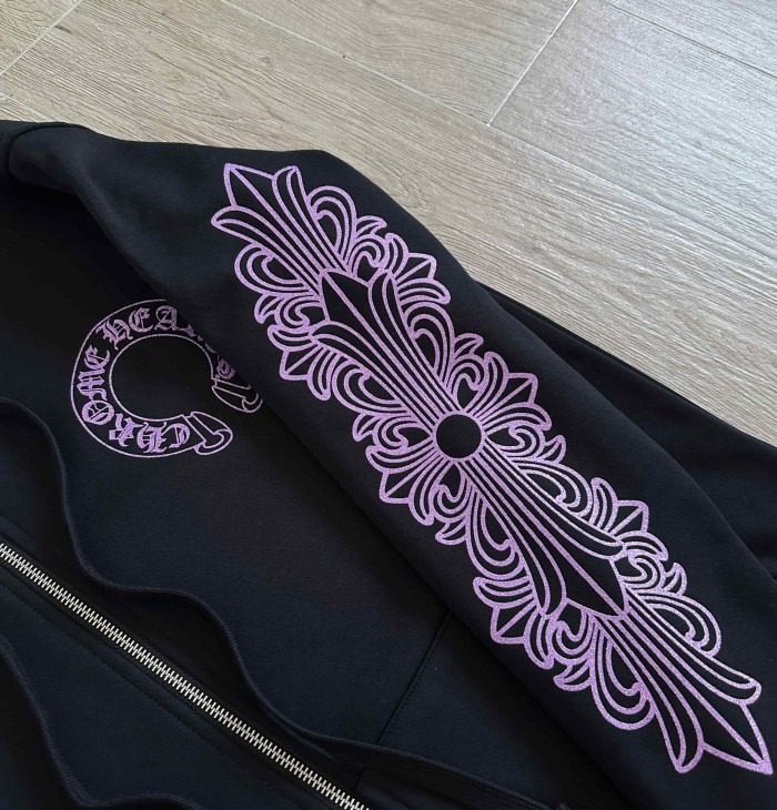 1:1 quality version Purple Glitter Horseshoe Logo Sleeve Floral Cross Drawstring Full Zip Hoodie 29501943