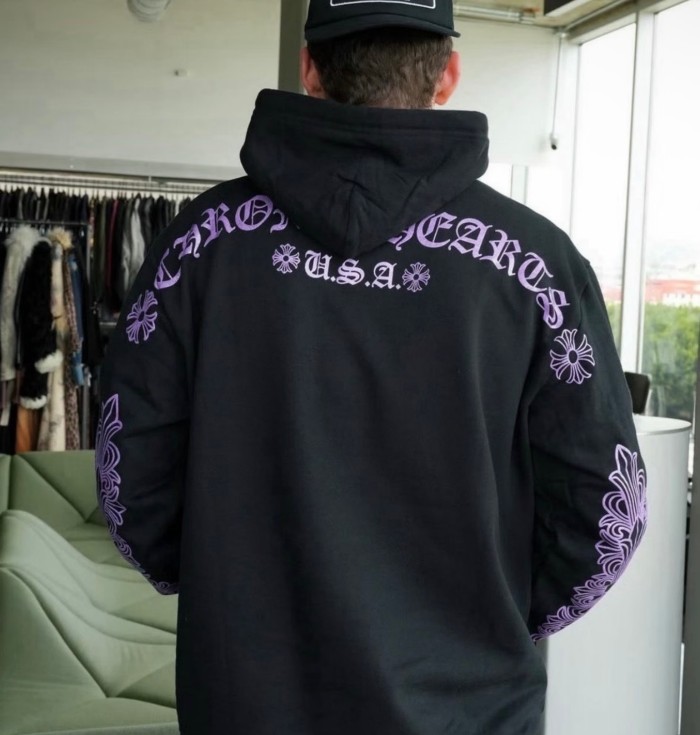 1:1 quality version Purple Glitter Horseshoe Logo Sleeve Floral Cross Drawstring Hoodie 29501893