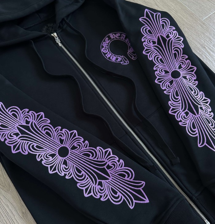 1:1 quality version Purple Glitter Horseshoe Logo Sleeve Floral Cross Drawstring Full Zip Hoodie 29501943