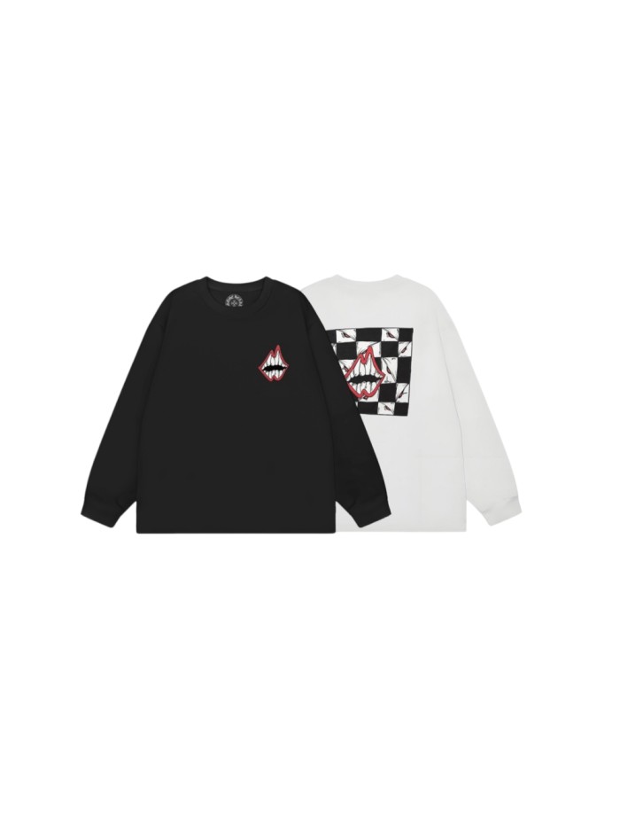 Chest Grin Mouth Back Checkerboard Eye Teeth Print Oversized Long Sleeve Tee 2 colors 29502202