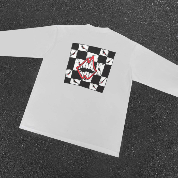 Chest Grin Mouth Back Checkerboard Eye Teeth Print Oversized Long Sleeve Tee 2 colors 29502202