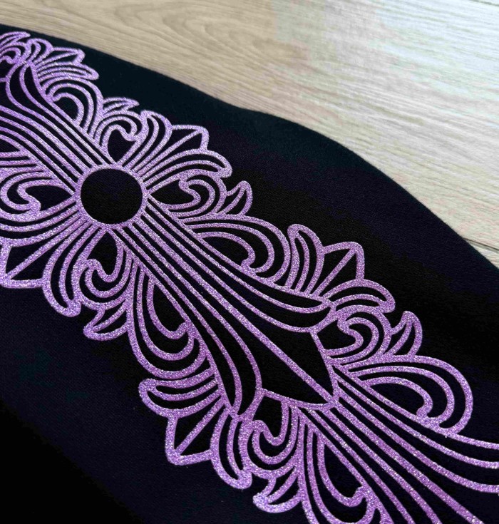 1:1 quality version Purple Glitter Horseshoe Logo Sleeve Floral Cross Drawstring Hoodie 29501893