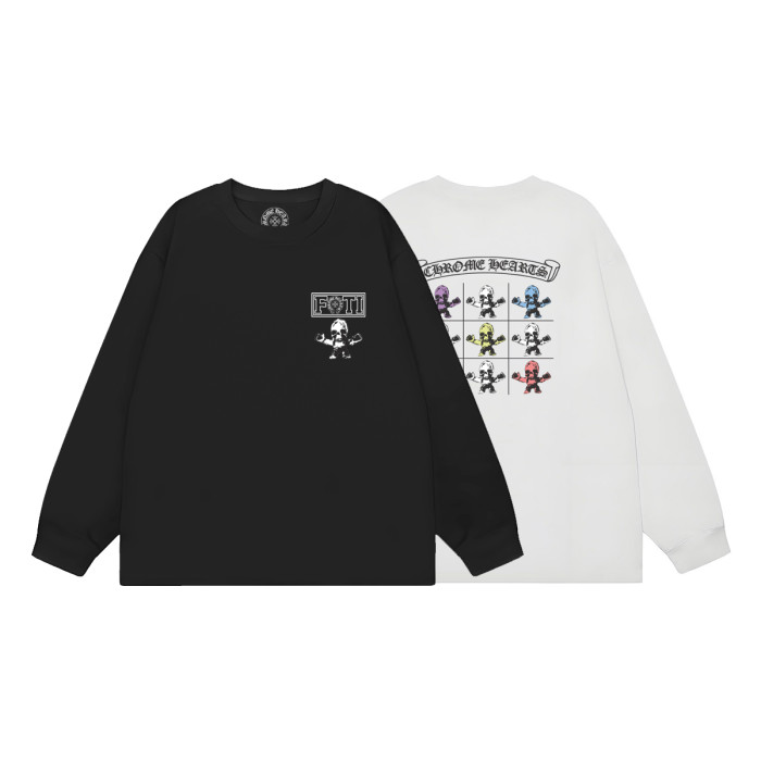 FOTI Chest Logo Back Grid Cartoon Skull Print Oversized Long Sleeve Tee 2 colors 29502193