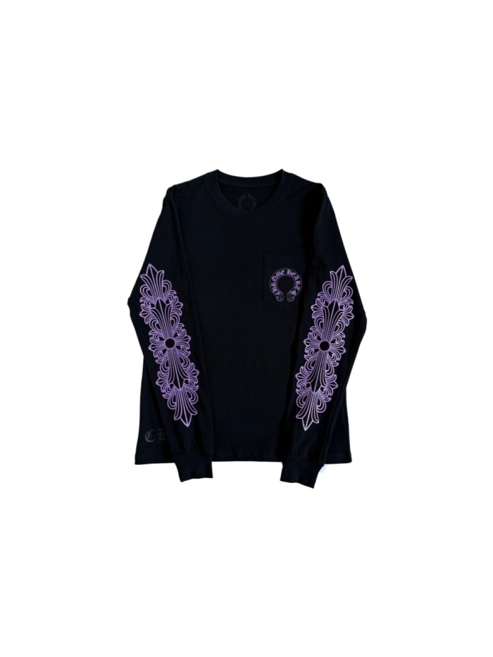 1:1 quality version Purple Glitter Horseshoe Logo Sleeve Floral Cross Crewneck Long Sleeve Tee 29501899
