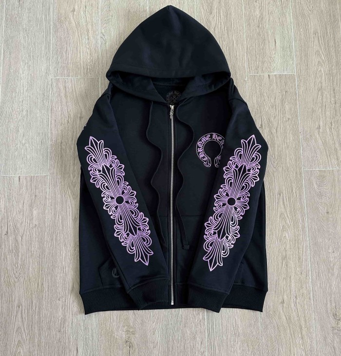 1:1 quality version Purple Glitter Horseshoe Logo Sleeve Floral Cross Drawstring Full Zip Hoodie 29501943