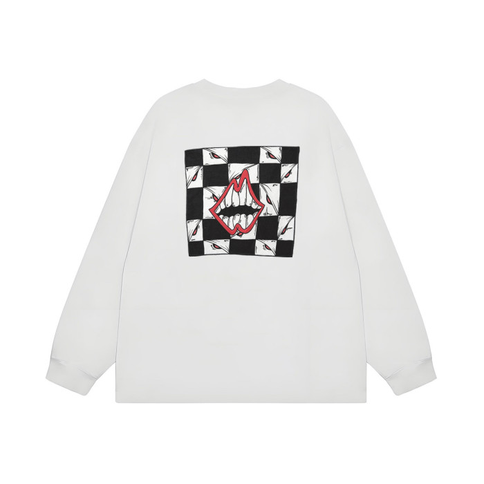 Chest Grin Mouth Back Checkerboard Eye Teeth Print Oversized Long Sleeve Tee 2 colors 29502202