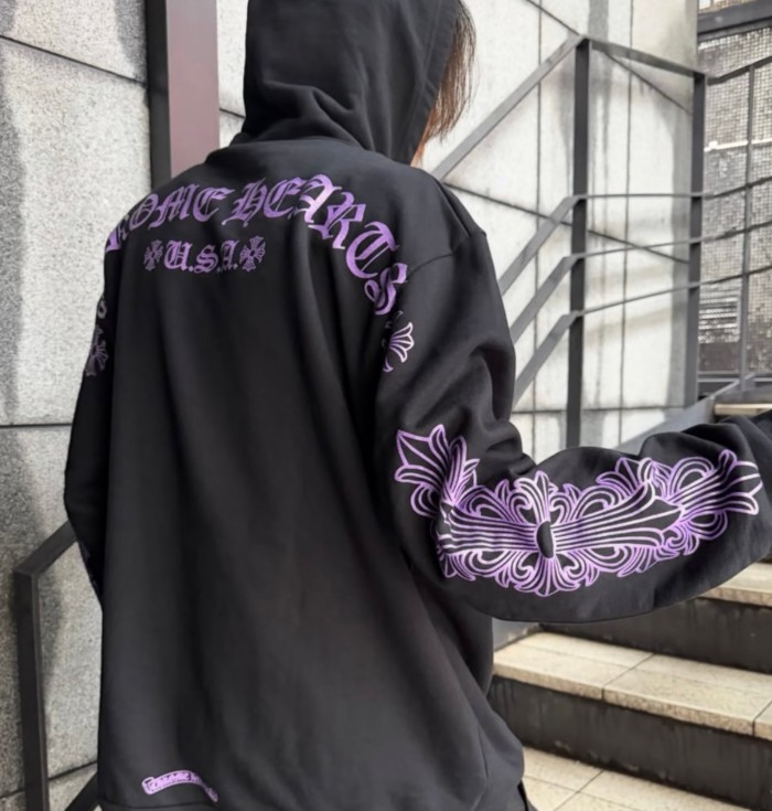 1:1 quality version Purple Glitter Horseshoe Logo Sleeve Floral Cross Drawstring Hoodie 29501893