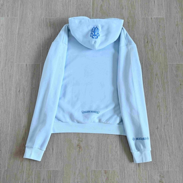 1:1 quality version Light Blue Dagger Cross CH Letter Miami Cross Flower Print Drawstring Hoodie 29501886