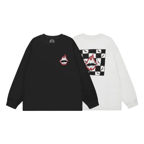 Chest Grin Mouth Back Checkerboard Eye Teeth Print Oversized Long Sleeve Tee 2 colors 29502202