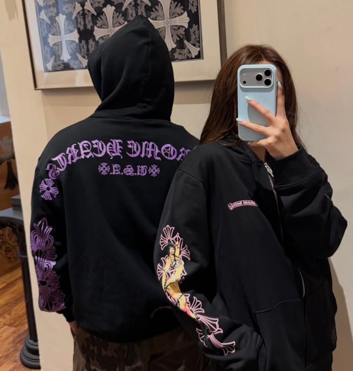 1:1 quality version Purple Glitter Horseshoe Logo Sleeve Floral Cross Drawstring Hoodie 29501893