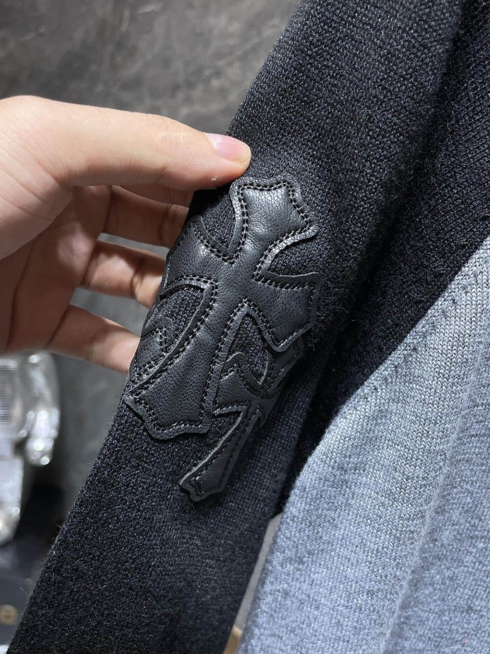 Cross Patch Leather Embroidery Crewneck Color Block Raglan Wool Knit Long Sleeve T-Shirt 2 colors 29504096