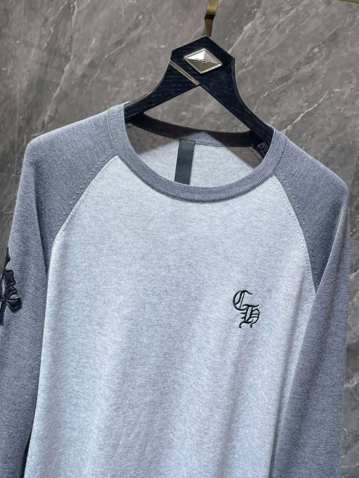 Cross Patch Leather Embroidery Crewneck Color Block Raglan Wool Knit Long Sleeve T-Shirt 2 colors 29504096