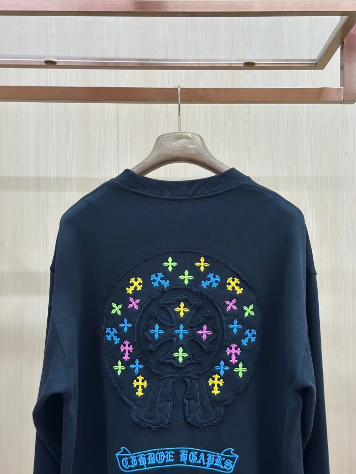 Colorful Cross Floral Horseshoe Embroidery Patch Raw Edge Crewneck Sweatshirt 2 Colors 29510938