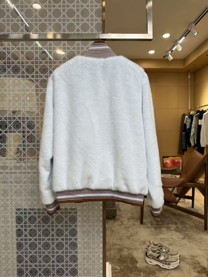 1:1 quality version Light Blue Fuzzy Stripe Rib Leather Patch Full Zip Jacket 29511065