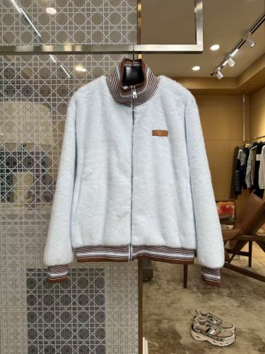1:1 quality version Light Blue Fuzzy Stripe Rib Leather Patch Full Zip Jacket 29511065