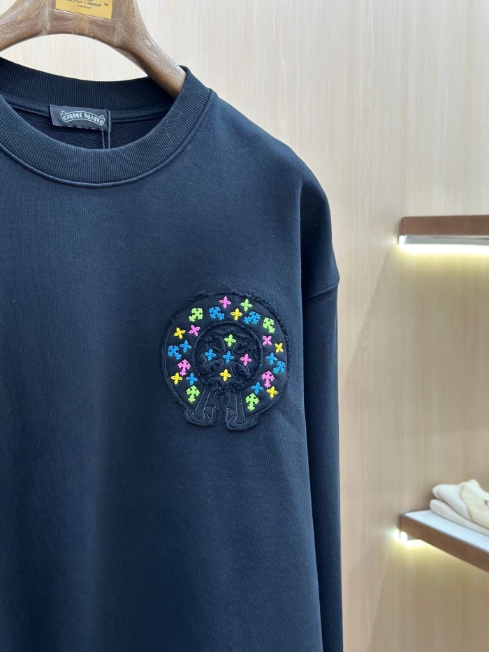 Colorful Cross Floral Horseshoe Embroidery Patch Raw Edge Crewneck Sweatshirt 2 Colors 29510938