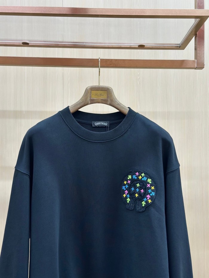 Colorful Cross Floral Horseshoe Embroidery Patch Raw Edge Crewneck Sweatshirt 2 Colors 29510938