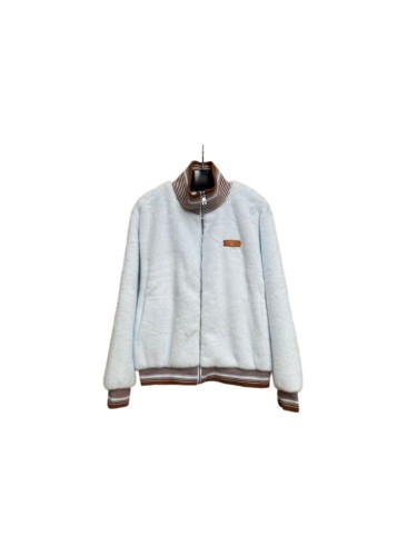 1:1 quality version Light Blue Fuzzy Stripe Rib Leather Patch Full Zip Jacket 29511065