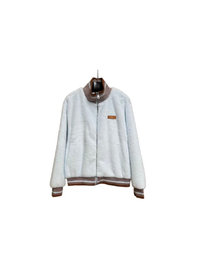 1:1 quality version Light Blue Fuzzy Stripe Rib Leather Patch Full Zip Jacket 29511065