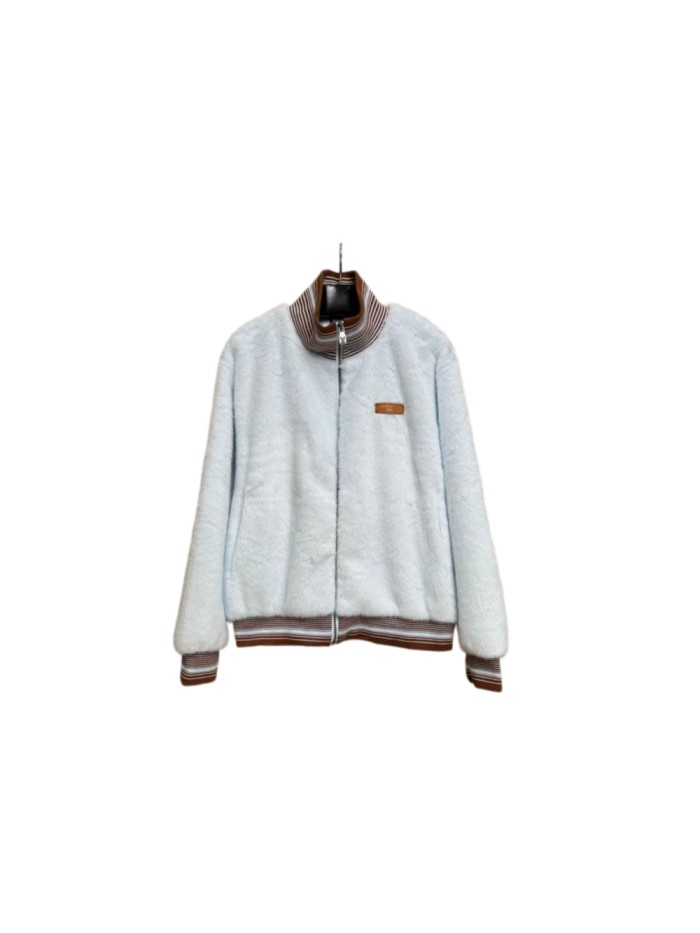 1:1 quality version Light Blue Fuzzy Stripe Rib Leather Patch Full Zip Jacket 29511065