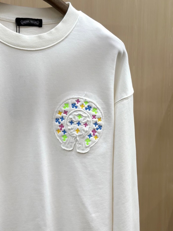Colorful Cross Floral Horseshoe Embroidery Patch Raw Edge Crewneck Sweatshirt 2 Colors 29510938