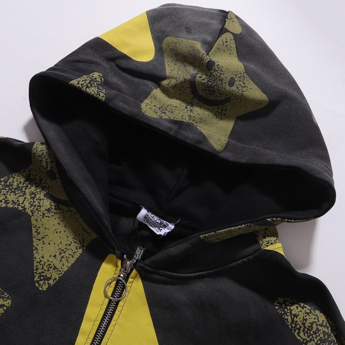 All Over Yellow Olive Smiley Star Print Full Zip Hoodie 29520201