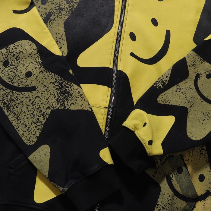 All Over Yellow Olive Smiley Star Print Full Zip Hoodie 29520201
