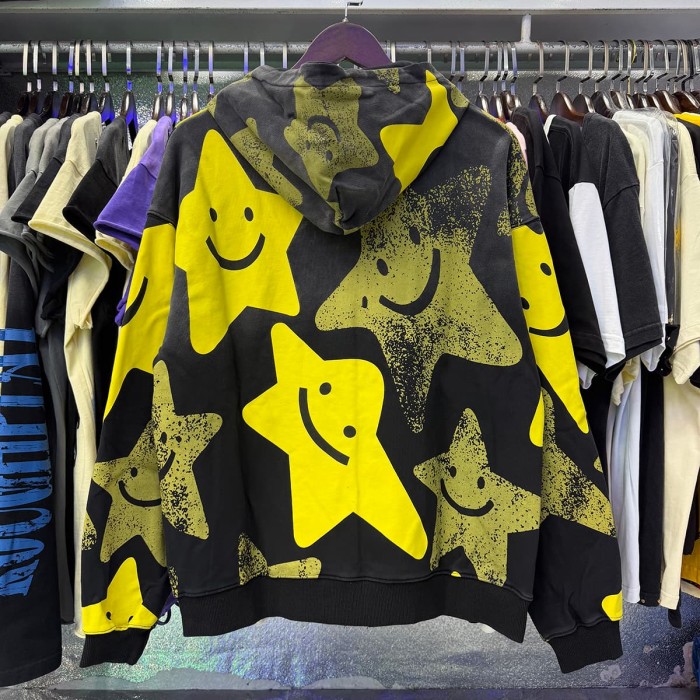 All Over Yellow Olive Smiley Star Print Full Zip Hoodie 29520201