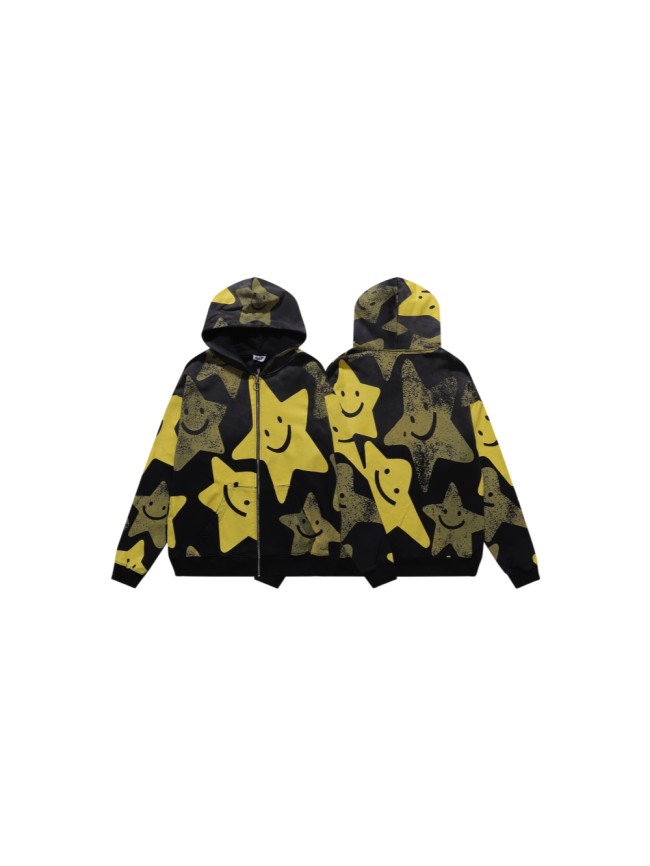 All Over Yellow Olive Smiley Star Print Full Zip Hoodie 29520201
