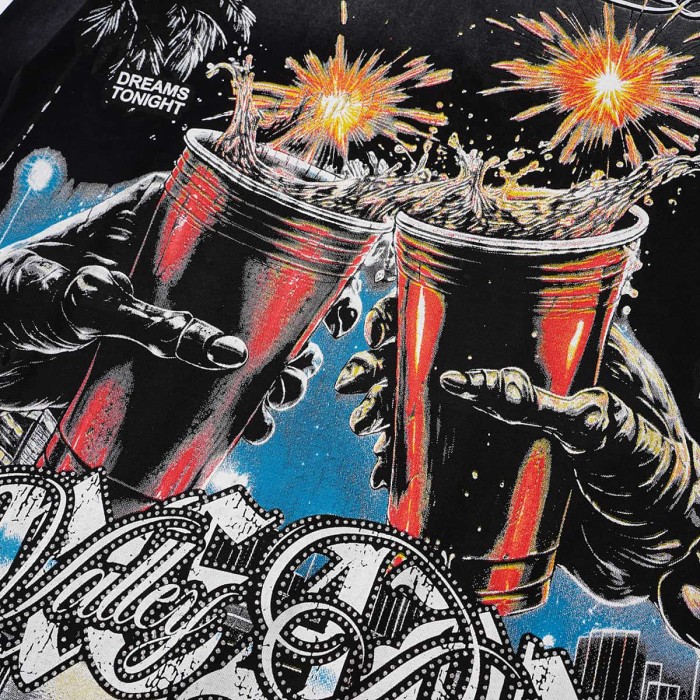 Wash Rhinestone Gothic Letter Skulls Toasting Cup Fireworks Long Sleeve T-shirt 2 colors 29524943