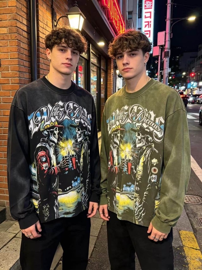 Wash Rhinestone Gothic Letter Skulls Toasting Cup Fireworks Long Sleeve T-shirt 2 colors 29524943
