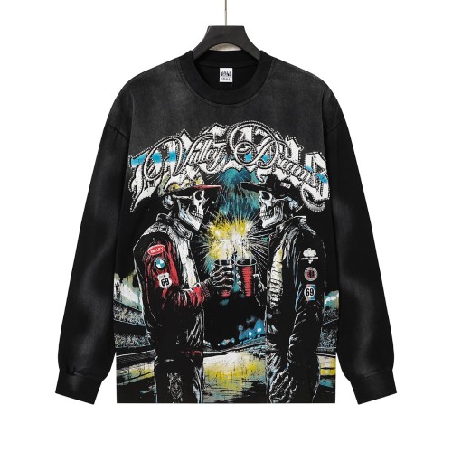 Wash Rhinestone Gothic Letter Skulls Toasting Cup Fireworks Long Sleeve T-shirt 2 colors 29524943
